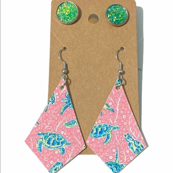 Sea Turtle Pink Drop Earrings Green Druzy‎ Stud Set - Picture 2 of 4